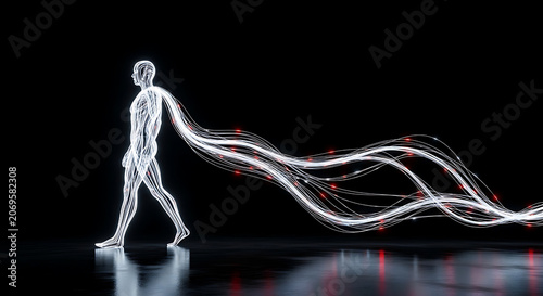 Abstract human silhouette walking forward with glowing fiber optic light trails flowing from back in dark digital space