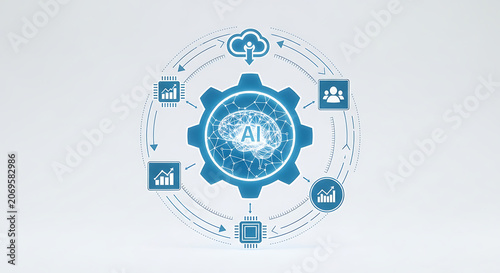 Digital of an artificial intelligence concept with a central brain inside a gear surrounded by data technology