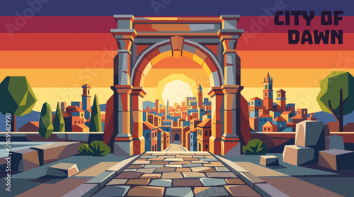 Charming stone entrance path leading to a vibrant city illuminated by early morning sunlight