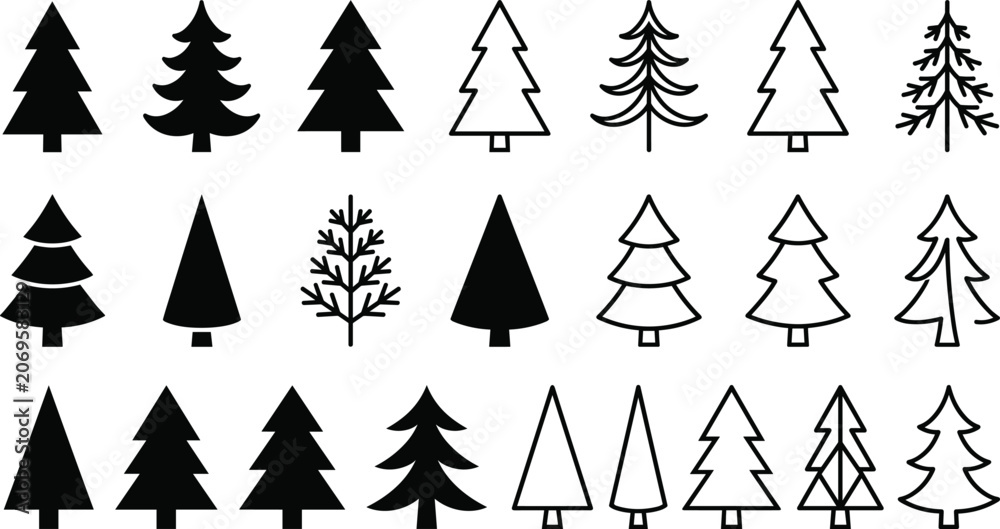 Fototapeta premium Collection of minimal pine tree icons featuring solid silhouettes and line outlines for winter holiday designs