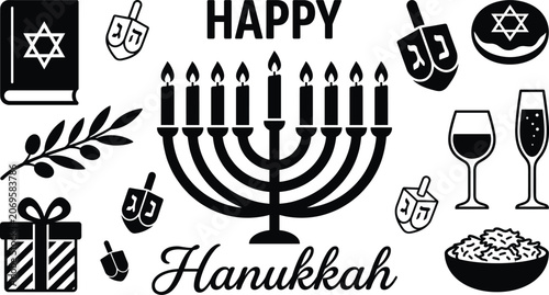 Fotografía Happy Hanukkah black vector silhouette icon set featuring menorah dreidel and tr