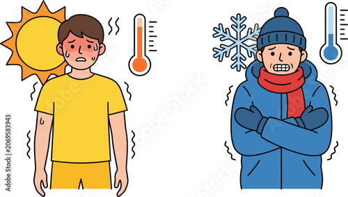 Konstfotografi Medical infographic comparing hot and cold body temperature symptoms with sweati
