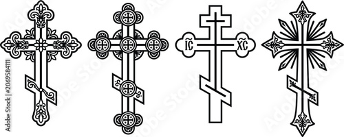 Obraz na płótnie Ornate Eastern Orthodox Christian cross vector set with decorative floral and tr