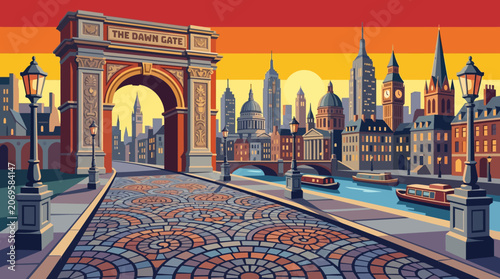 Foto Decorative cobblestone road leading toward a magnificent urban skyline with glow