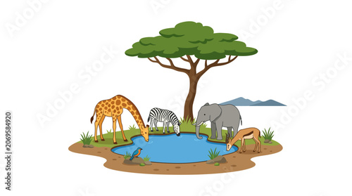 Canvas Print African savanna wildlife animals drinking at a watering hole.