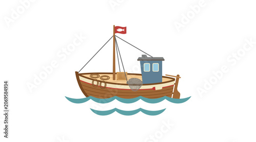Foto Small wooden fishing boat floating on ocean waves.