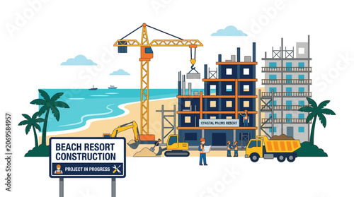 Foto Beach resort hotel building construction site by the sea.