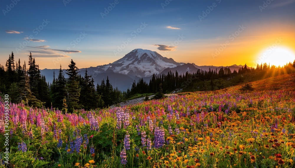 Obraz premium Mount Rainier Surrounded By Vibrant Wildflower Meadow At Sunset