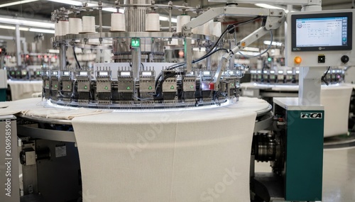 Medium shot of tubular knitting machinery crafting smooth jersey fabric for sweater bodies emphasizing precise automation and continuous yarn feeding in a hightech factory