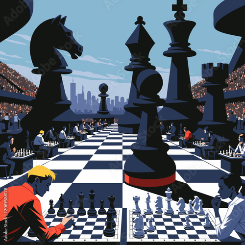Large outdoor chess game with giant pieces in a city park setting