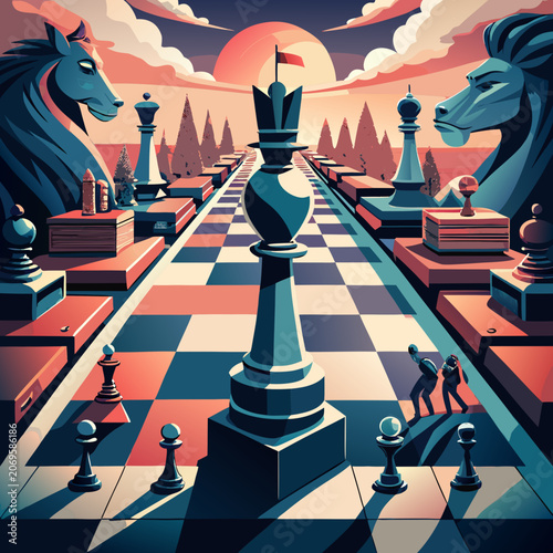 Stylized chessboard scene with large horse sculptures and sunset backdrop