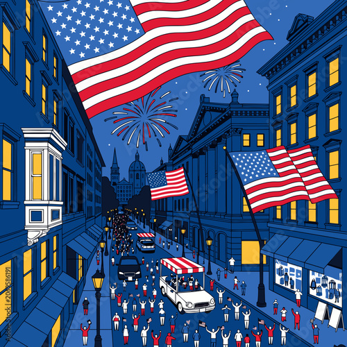 Celebration of independence day with fireworks and flags in city street