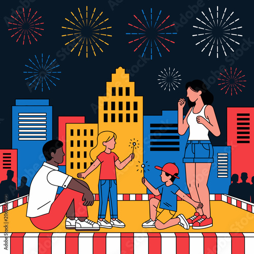 Celebrating independence day with fireworks and family in cityscape
