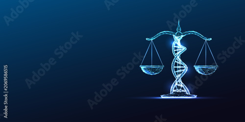 DNA Double Helix Ethics Justice Scale Genetic Engineering Bioethics Glowing Blue Polygonal Vector