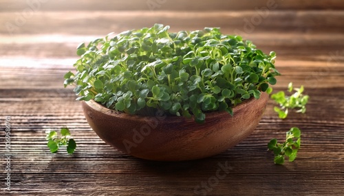 Watercress In Bowl On Wooden Background