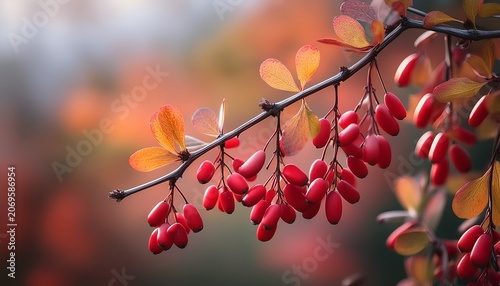 Red Barberry Berries On Thorny Branches In Autumn