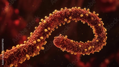 Highly detailed 3D render of a FILOVIRUS particle, a deadly filamentous virus with a unique helical structure, in striking close-up against a dark, abstract background
