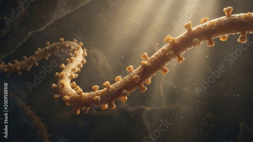 Detailed scientific visualization of a Filovirus particle floating within a biological fluid environment with cinematic lighting
