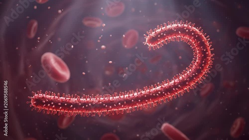 Microscopic View of an Infectious Filovirus Particle Floating Through Human Bloodstream with Red Blood Cells in a Cinematic Medical Visualization