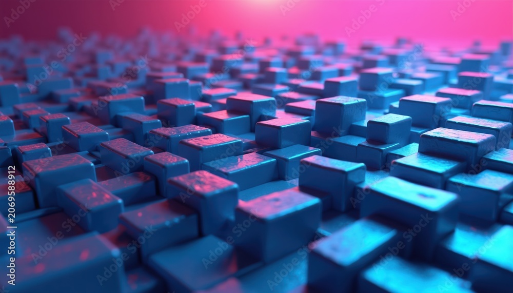 Obraz premium Abstract 3d render illustration shows rows of blue geometric blocks. Colorful wave patterns emerge from textured surfaces, creating a vibrant, dynamic visual effect.