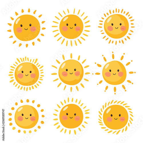 Cute set of smiling sun characters in hand drawn doodle style isolated on white background