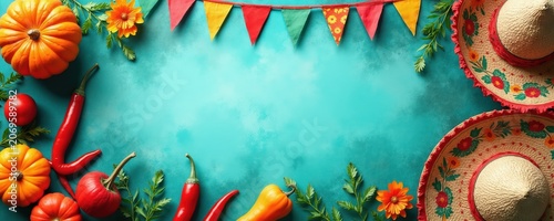 Mexican fiesta elements like pumpkins chilies flowers and sombreros decorate turquoise backdrop. Festive bunting flags and plants frame decorative arrangement with copy space.