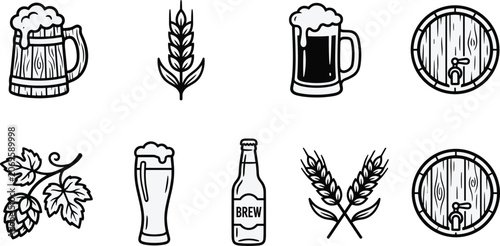 Tableau sur toile Set of craft beer brewing line icons featuring mugs glasses bottles wheat hops a