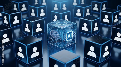 Artificial Intelligence cube stands out amongst user icons, representing AI's role in managing and analyzing large datasets of people and information.