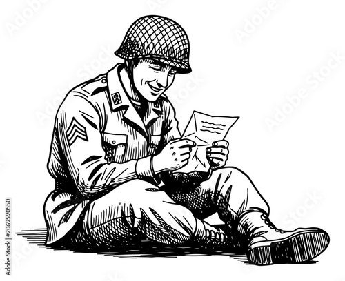 Fotografi Smiling Soldier Reading Letter from Home, Vintage Military Man Sitting and Holdi