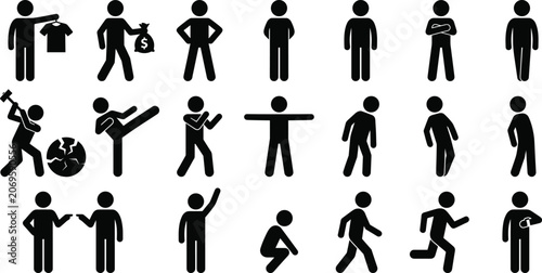 Fotografie Stick figure pictogram icon set showing diverse human actions, business finance,