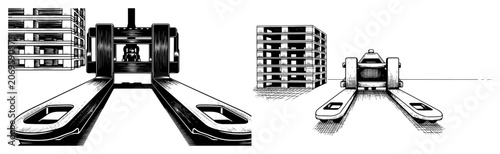 Obraz na plátně Forklift Forks Perspective and Warehouse Pallets, Logistics and Supply Chain Con