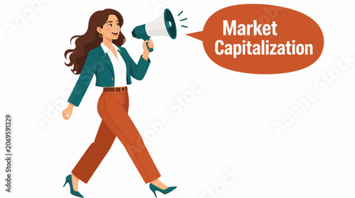Businesswoman announcing market capitalization concept.