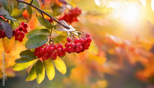 Branch With Bright Red Berries In Autumn Sunlight