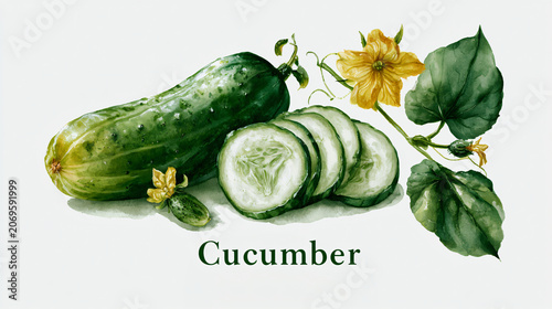 Watercolor illustration cucumber slices with flower and leaves botanical art design