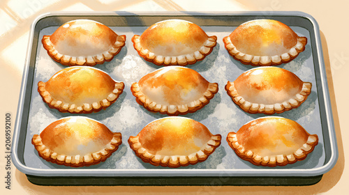 Golden Baked Handheld Pastries with Crimped Edges on Metal Baking Tray Ready to Serve