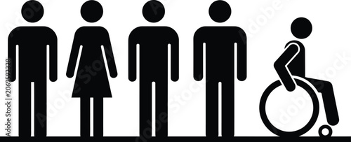 Group of diverse people standing in a line including a person in wheelchair