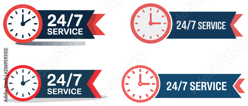 24 hour service availability badge with clock icon, customer support label for emergency and round the clock business services