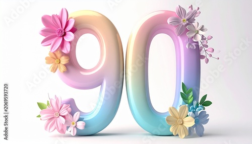 Colorful 3D number ninety with flowers.