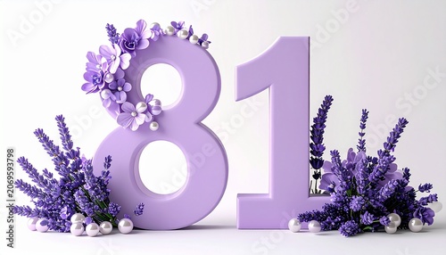 Purple flowers decorate the number eighty-one on a white surface indoors