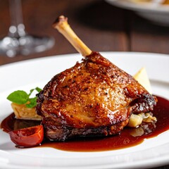 Roasted crispy duck leg confit with dark savory sauce and garnish, fine dining gastronomy, gourmet restaurant menu photography
