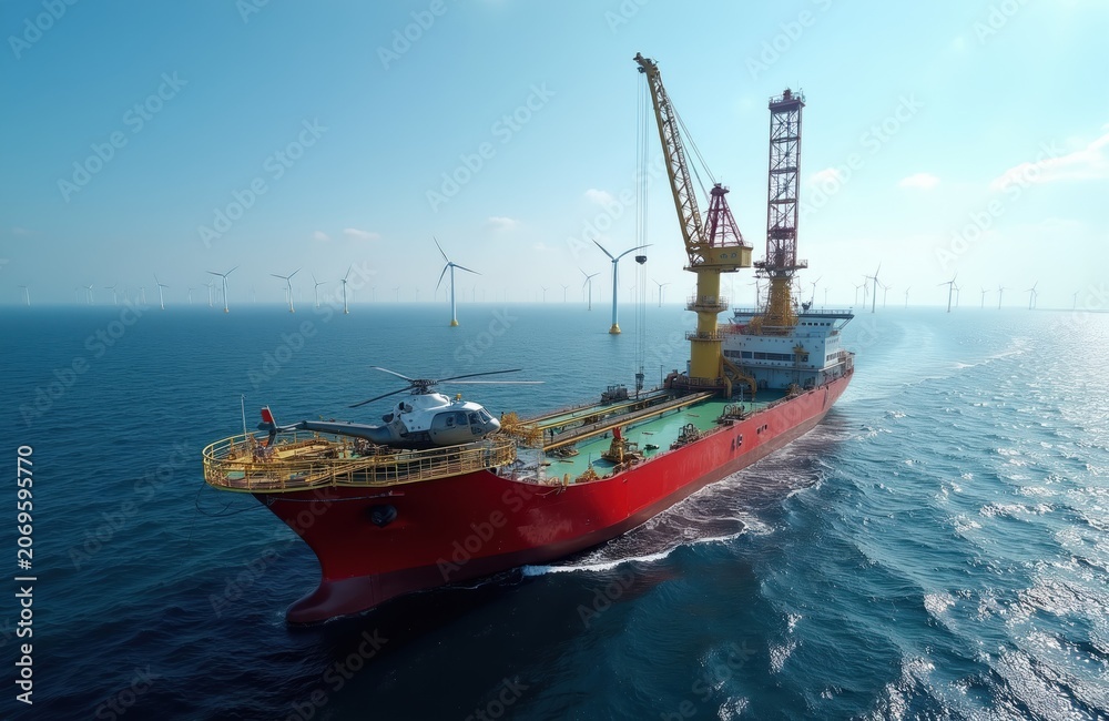Fototapeta premium Large vessel with crane and helicopter sails on sea. Rows of wind turbines stand in ocean water under clear sky. Offshore wind farm construction and maintenance.