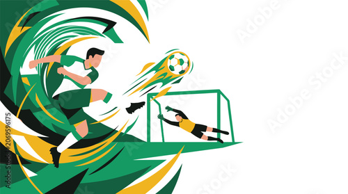 Foto Dynamic abstract soccer illustration of striker scoring a goal against diving goalkeeper