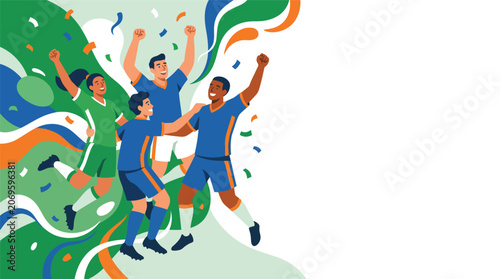 Photos Diverse soccer teammates celebrating a goal with colorful confetti and national flags