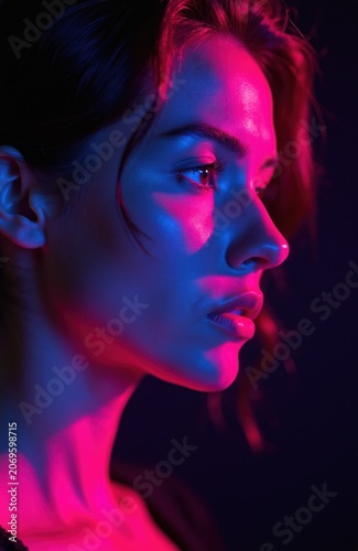Woman face in neon light. Profile portrait illuminated by magenta and purple light. Dark background mood. Mysterious atmosphere, modern look.