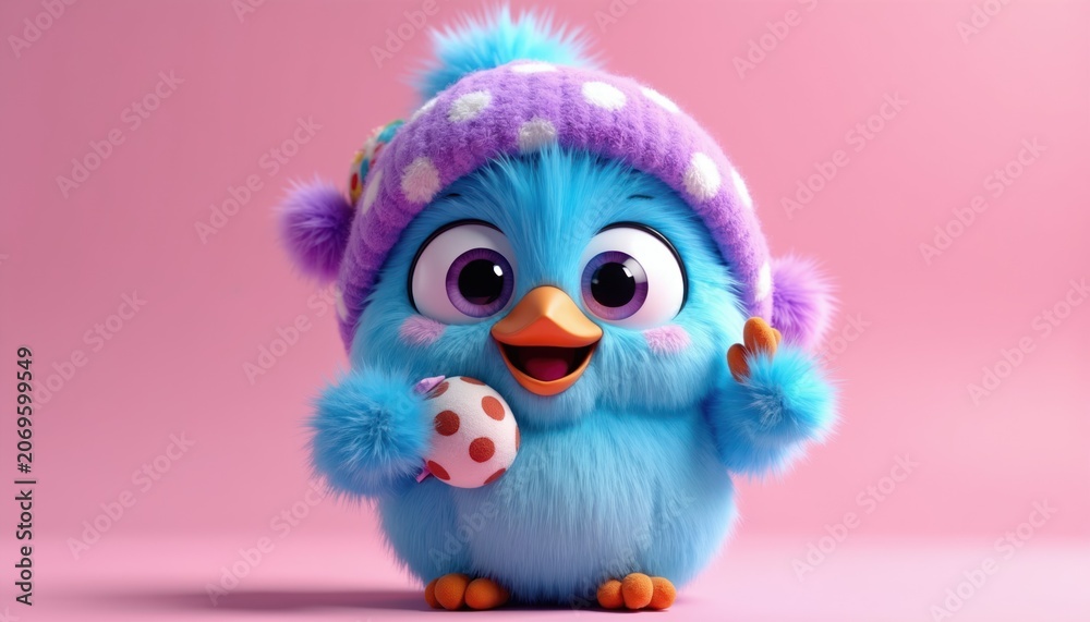 Fototapeta premium Cute blue bird character wears purple polka dot hat. Fluffy chick holds round toy, waves hello. Adorable, cheerful, fluffy creature, good for kids content.