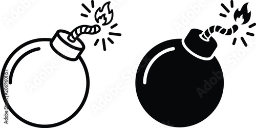 Obraz na plátně Black and white bomb icon set with burning fuse and explosion sparks
