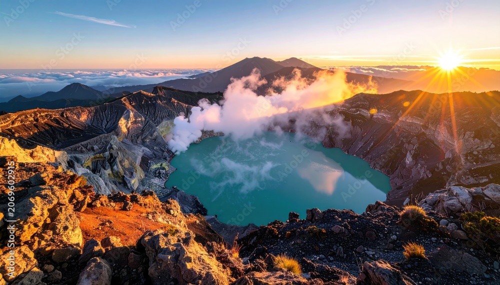 Fototapeta premium Sunrise over volcanic crater lake; steam rising, mountains, clear blue water