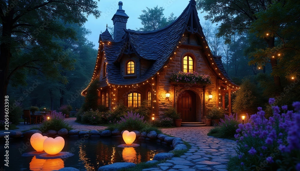 Fototapeta premium Enchanting fairytale cottage glows at night with warm lights. Stone house, whimsical architecture, fairy lights adorn trees. Heart shaped lamps float in pond.