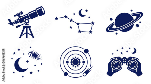 Space exploration icons telescope constellation planet galaxy binoculars solar system