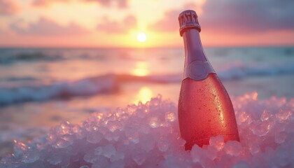Pink champagne bottle cools in ice on beach at sunset. Ocean waves and colorful sky create romantic background. Perfect for celebrations holidays parties.